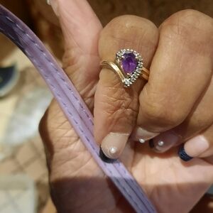GENUINE SOLID 10K YELLOW WHITE Gold AMETHYST Teardrop Ring February Birthstone💜